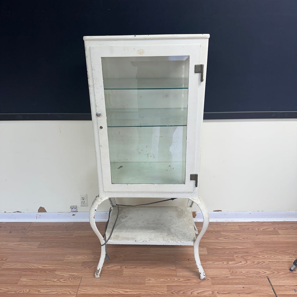 Mid Century 1920s Industrial Steel Medical Cabinet – Cabriole Legs, Apothecary Display with Beveled Cut Glass and Lights