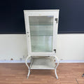Mid Century 1920s Industrial Steel Medical Cabinet – Cabriole Legs, Apothecary Display with Beveled Cut Glass and Lights
