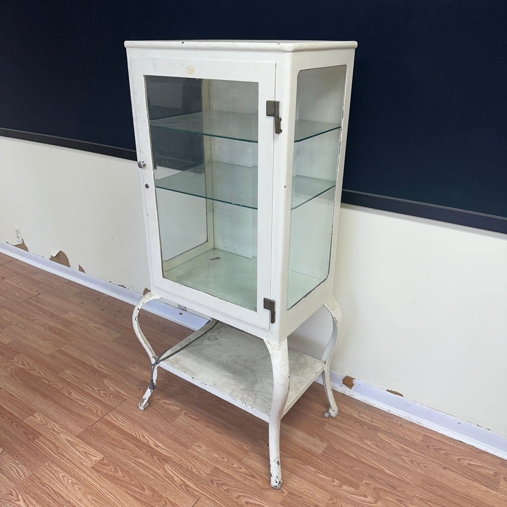 Mid Century 1920s Industrial Steel Medical Cabinet – Cabriole Legs, Apothecary Display with Beveled Cut Glass and Lights