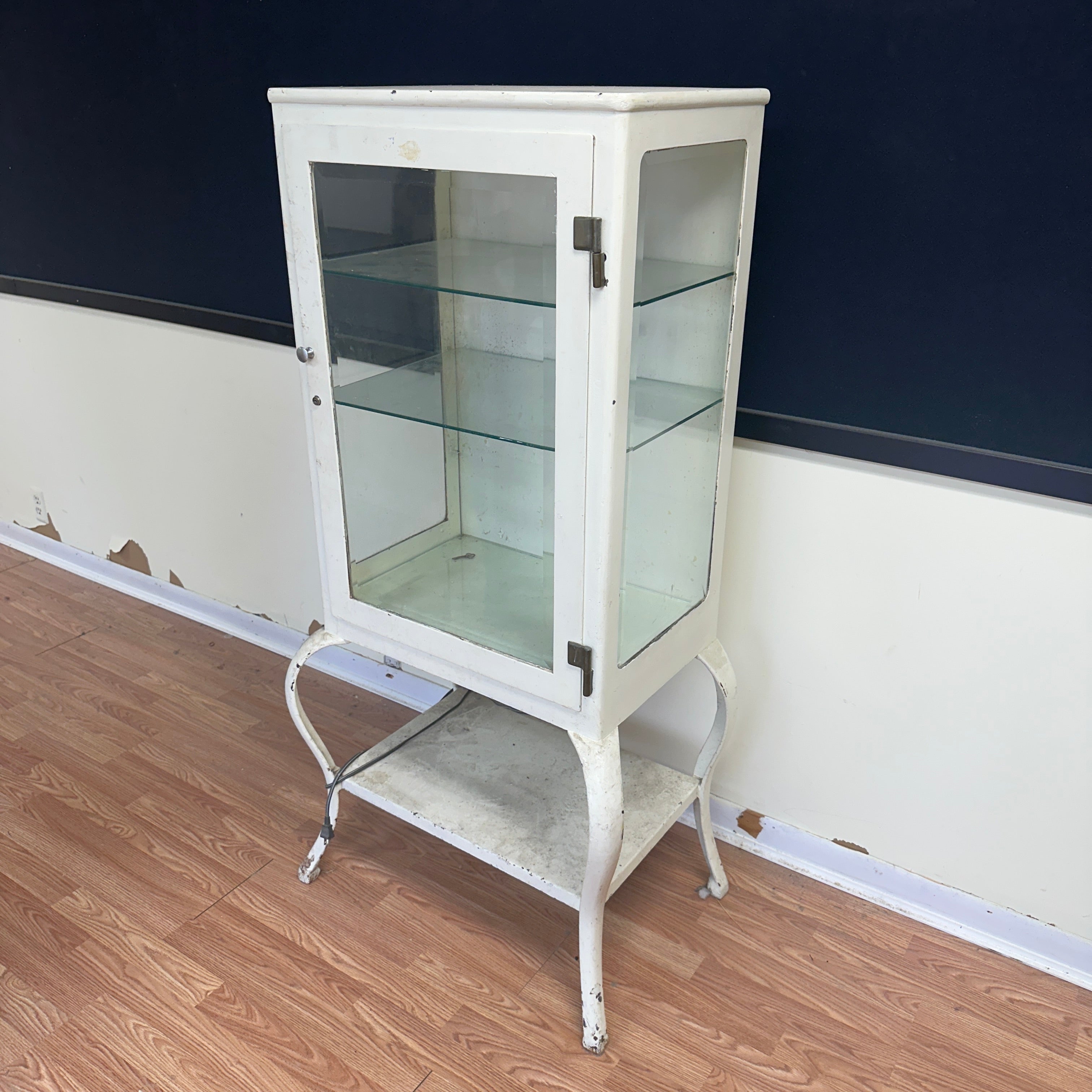 Mid Century 1920s Industrial Steel Medical Cabinet – Cabriole Legs, Apothecary Display with Beveled Cut Glass and Lights