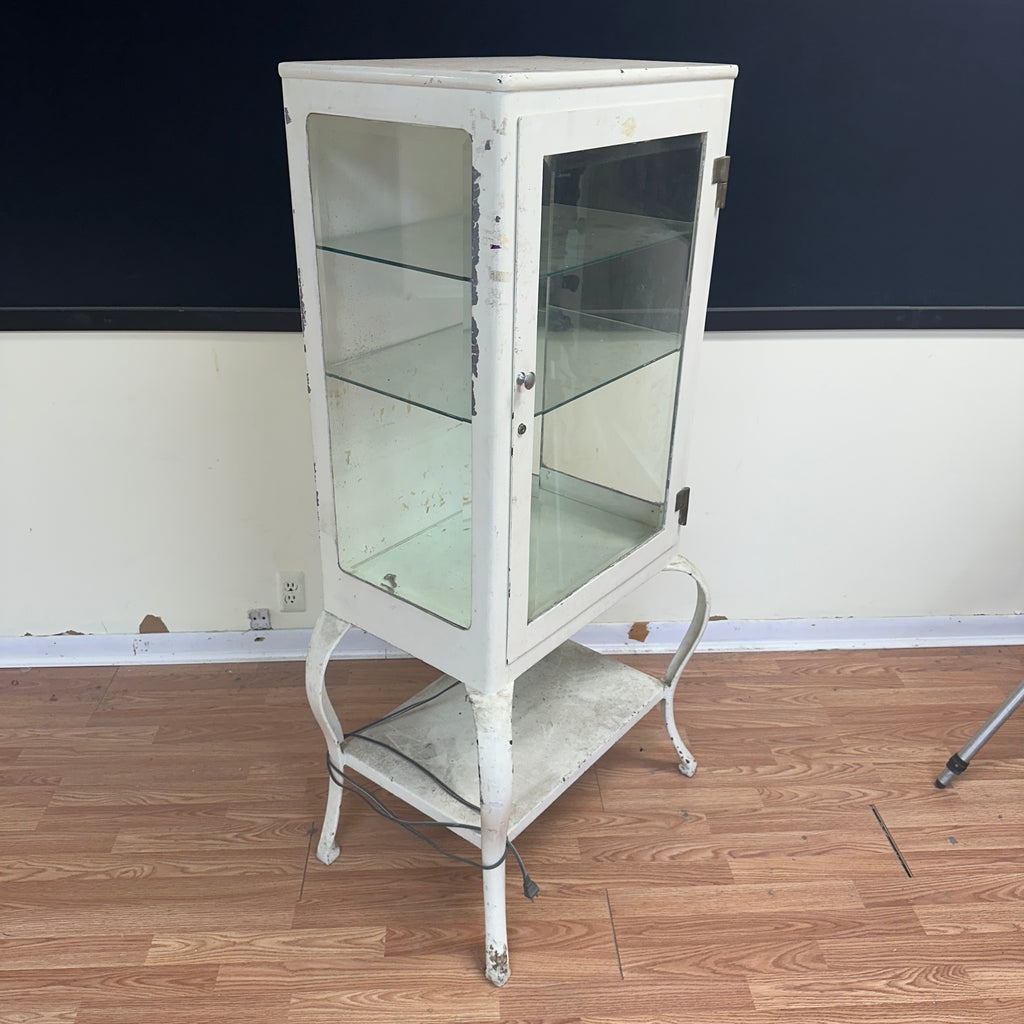 Mid Century 1920s Industrial Steel Medical Cabinet – Cabriole Legs, Apothecary Display with Beveled Cut Glass and Lights
