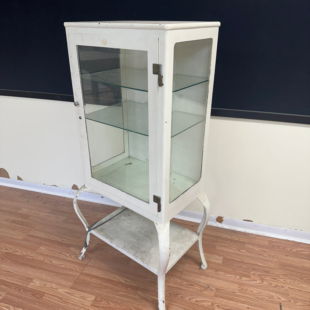 Mid Century 1920s Industrial Steel Medical Cabinet – Cabriole Legs, Apothecary Display with Beveled Cut Glass and Lights