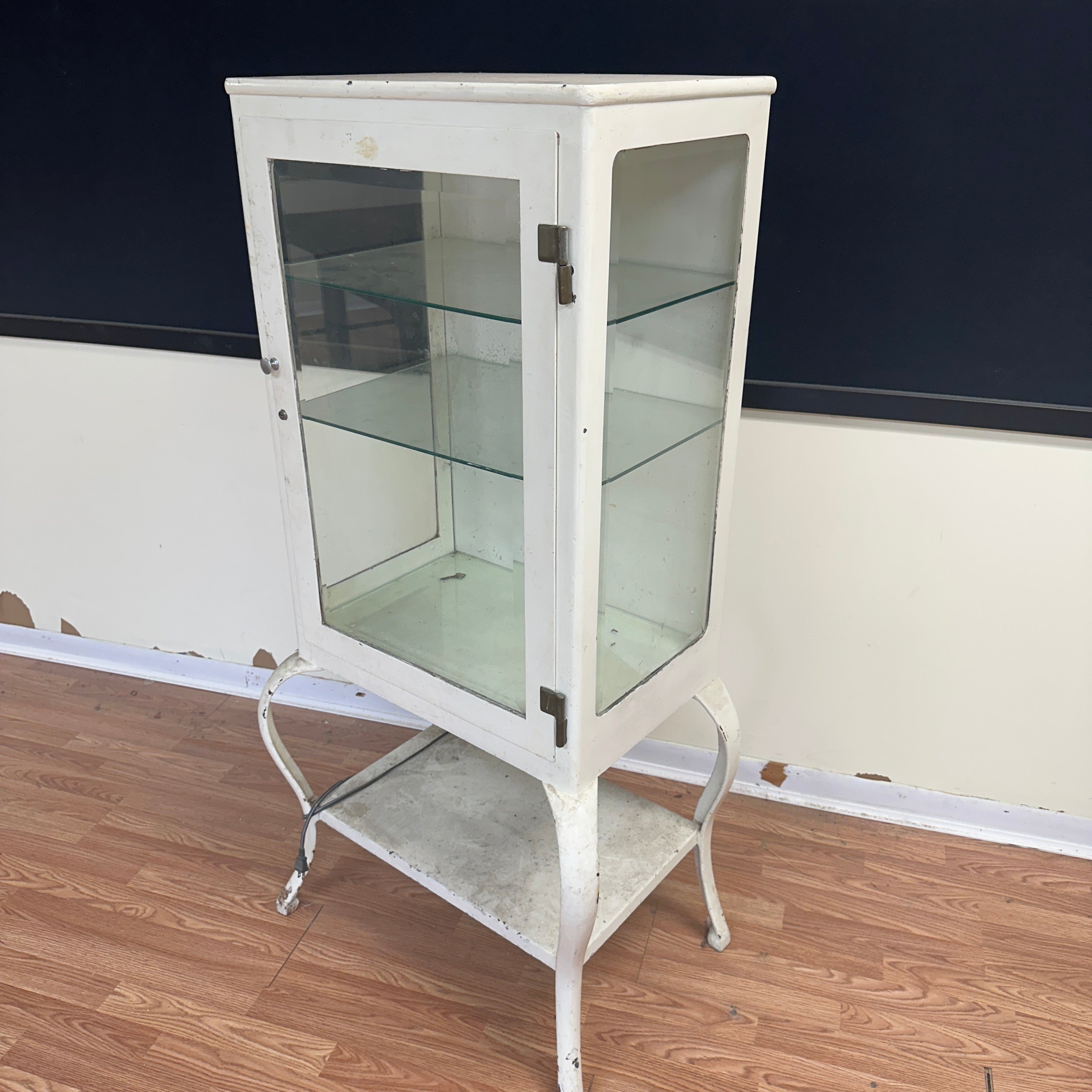 Mid Century 1920s Industrial Steel Medical Cabinet – Cabriole Legs, Apothecary Display with Beveled Cut Glass and Lights