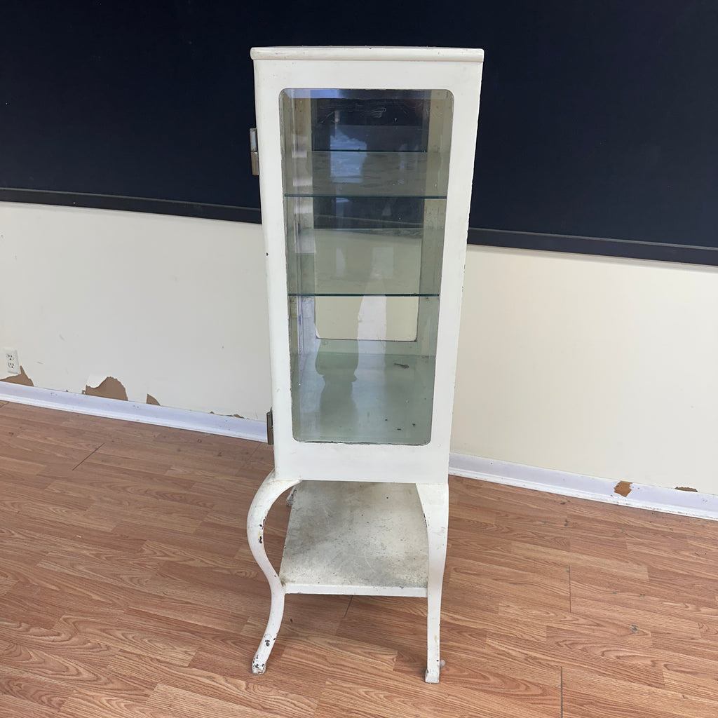 Mid Century 1920s Industrial Steel Medical Cabinet – Cabriole Legs, Apothecary Display with Beveled Cut Glass and Lights