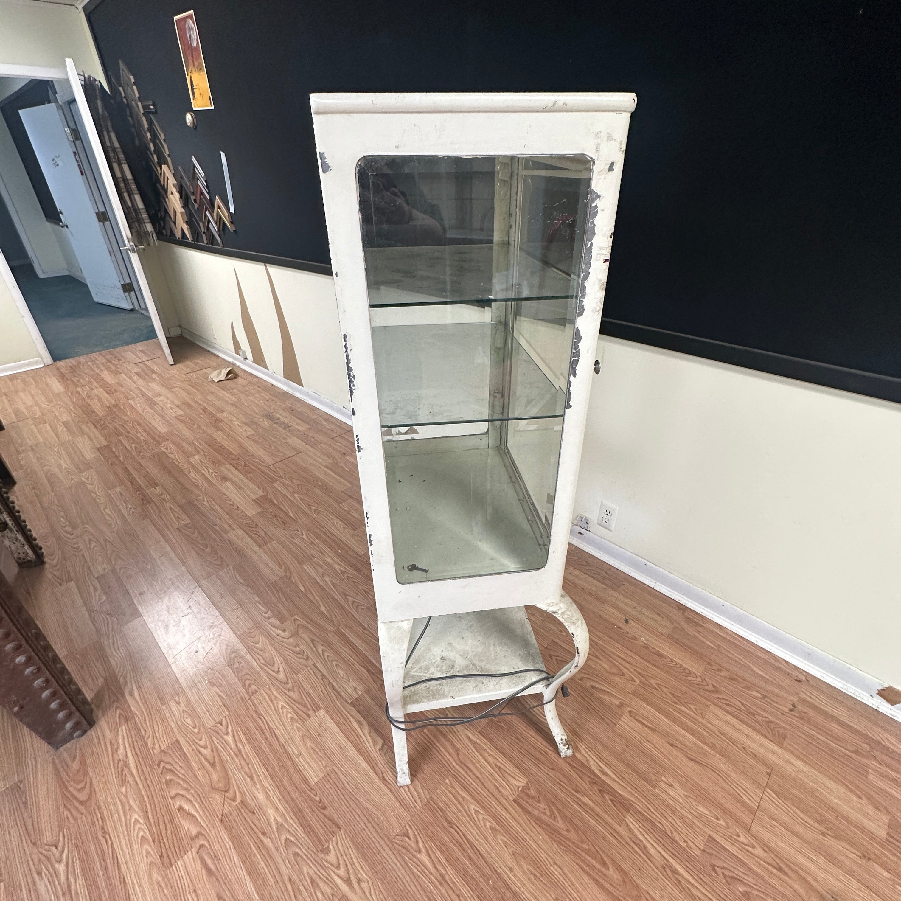 Mid Century 1920s Industrial Steel Medical Cabinet – Cabriole Legs, Apothecary Display with Beveled Cut Glass and Lights