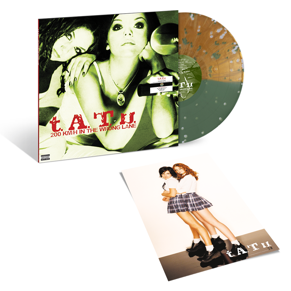 the album cover for T.A.T.U. - 200 Km/H In The Wrong Lane [Green/Gold Nugget Split Splatter]