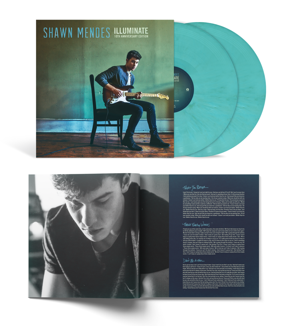 the album cover for Shawn Mendes - Illuminate - 10th Anniversary Edition [Translucent Aqua 2 LP]