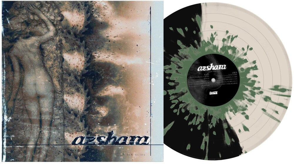 the album cover for Azshara - Ashen Skies [Half Black/Half Bone W/Army Green LP]